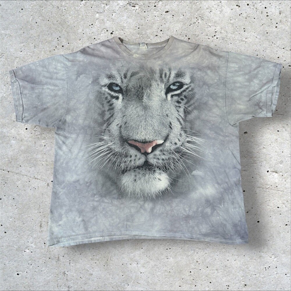 The Mountain White Tiger Big Face T Shirt Mens 2XL Gray Tie Dye David Penfound